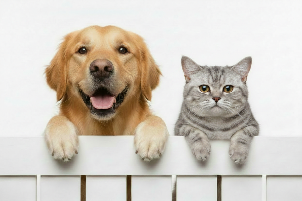 Dog and Realistic Cat Over Fence